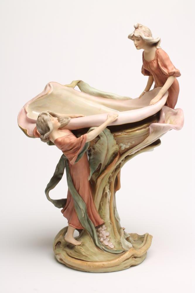 AN ART NOUVEAU ROYAL DUX BISQUE PORCELAIN FIGURAL CENTREPIECE Image