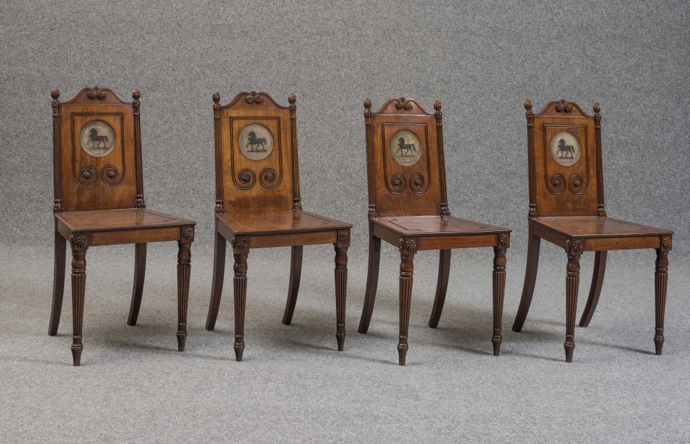 A SET OF FOUR GEORGIAN MAHOGANY HALL CHAIRS in the manner of Gillow Image