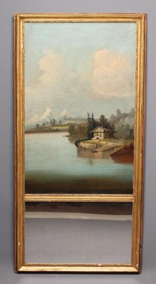 A FRENCH TRUMEAU PAINTED AND GILT FRAMED PIER GLASS Image