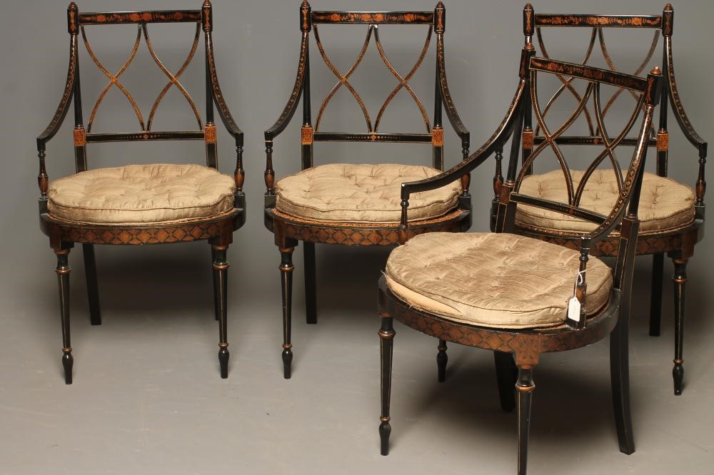A SET OF FOUR REGENCY STYLE CANED AND PAINTED ELBOW CHAIR Image