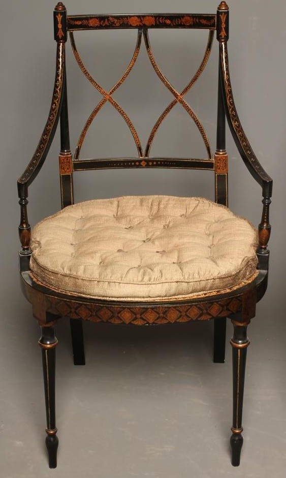 A SET OF FOUR REGENCY STYLE CANED AND PAINTED ELBOW CHAIR Image