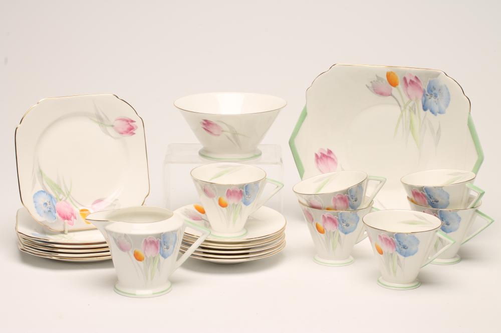 AN ART DECO SHELLEY CHINA TEA SERVICE printed in grey and over painted in pink Image