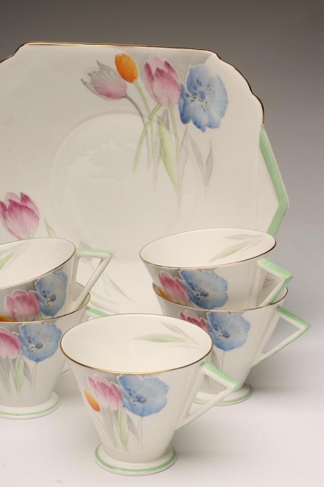 AN ART DECO SHELLEY CHINA TEA SERVICE printed in grey and over painted in pink Image