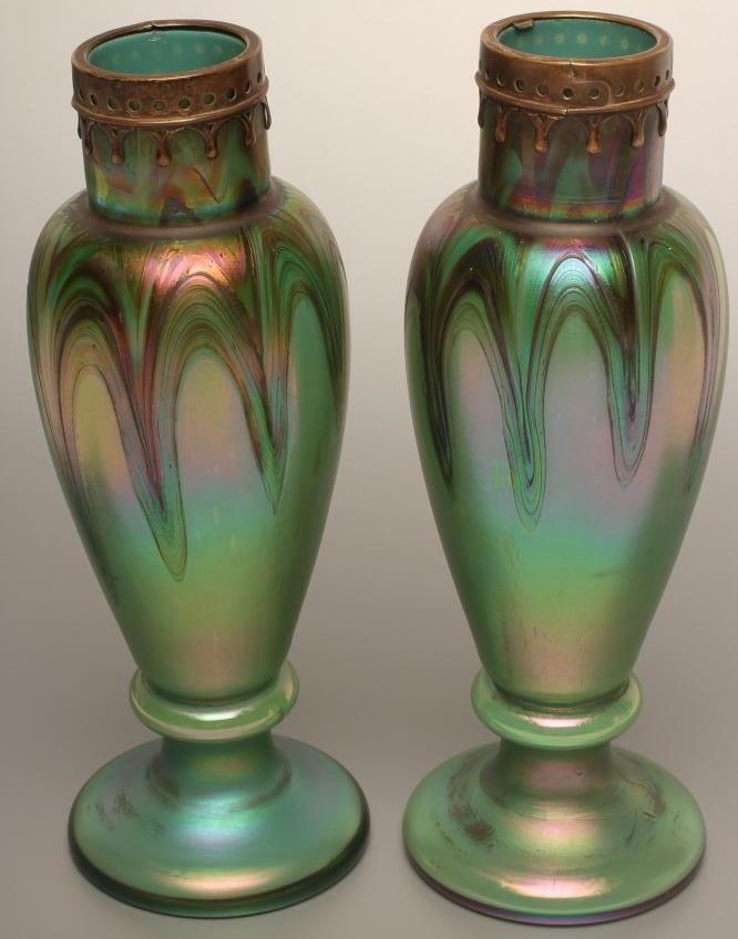 A PAIR OF AUSTRIAN ART NOUVEAU IRIDESCENT GREEN GLASS VASES Image