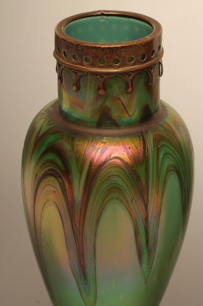 A PAIR OF AUSTRIAN ART NOUVEAU IRIDESCENT GREEN GLASS VASES Image