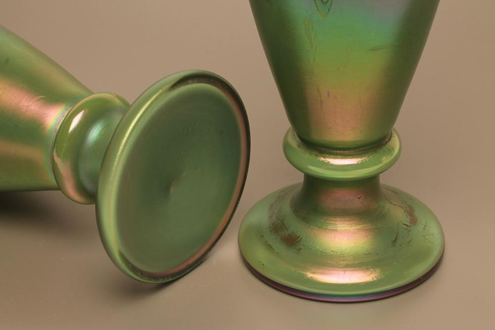 A PAIR OF AUSTRIAN ART NOUVEAU IRIDESCENT GREEN GLASS VASES Image