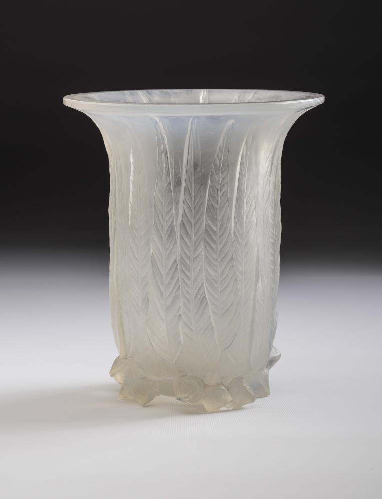 A LALIQUE BLUE OPALESCENT GLASS VASE of flared cylindrical form Image