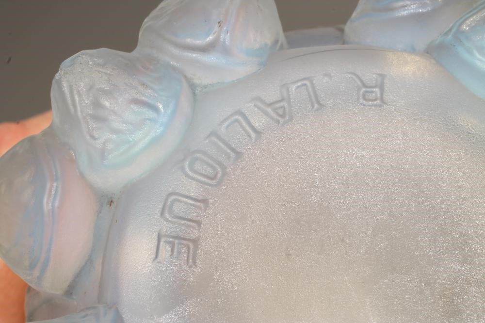 A LALIQUE BLUE OPALESCENT GLASS VASE of flared cylindrical form Image