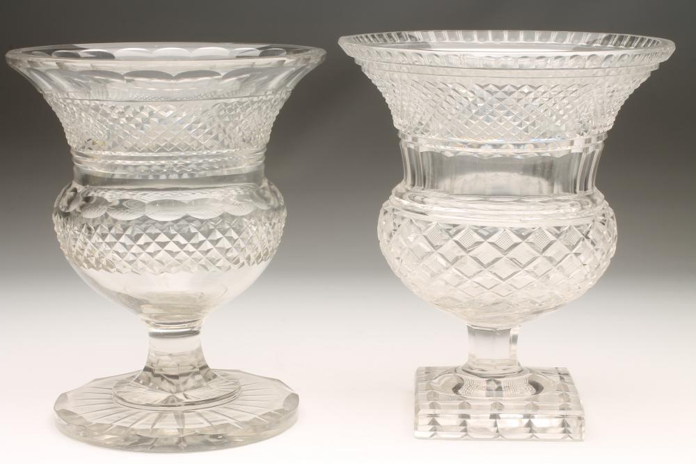 A GLASS CAMPANA URN with diamond and strawberry cut bands raised upon a hexagonal low stem and Image