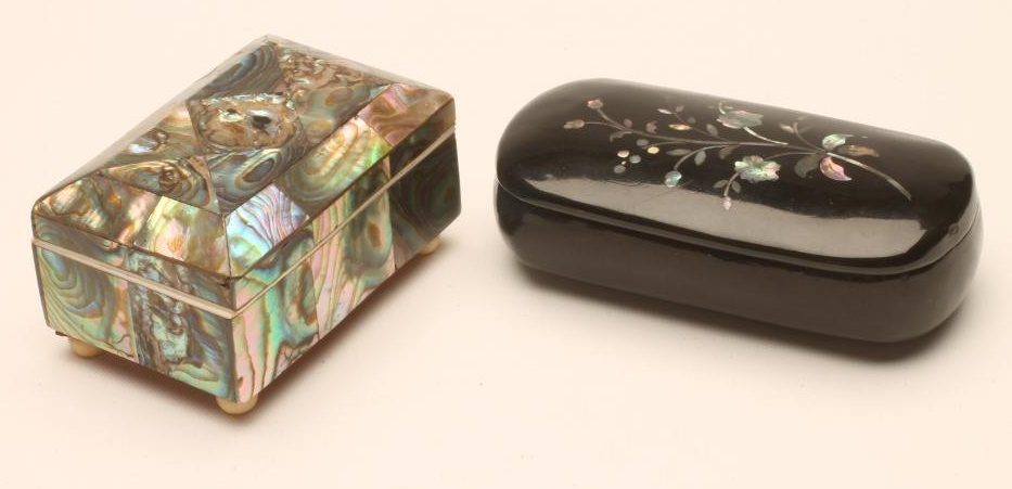 A VICTORIAN ABALONE SHELL SMALL JEWELLERY CASKET of plain oblong form with satin lined interior Image