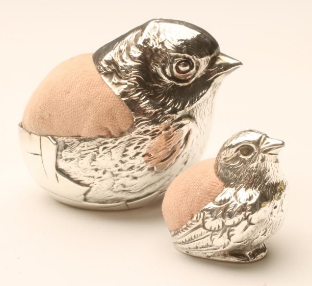 TWO SILVER NOVELTY CHICK PIN CUSHIONS Image