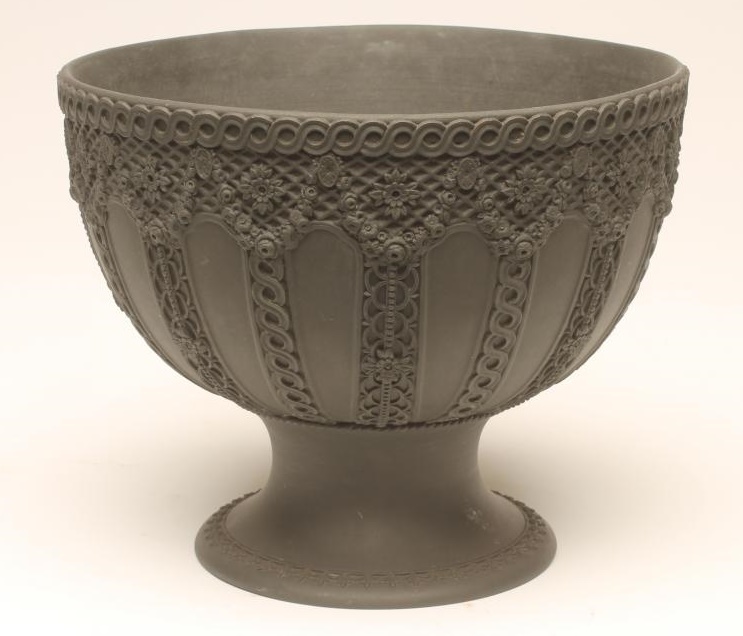 A VICTORIAN WEDGWOOD BLACK JASPERWARE PEDESTAL BOWL Image