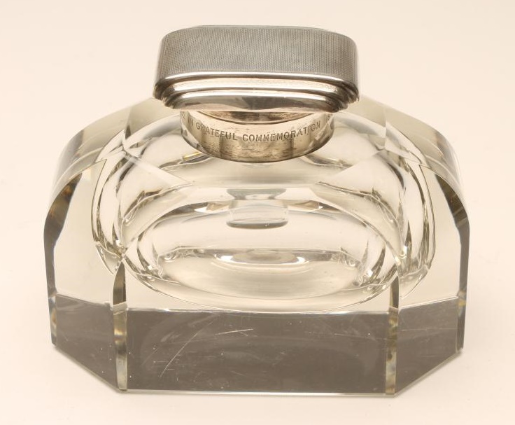 AN ART DECO SILVER MOUNTED HEAVY GLASS INKWELL/PAPERWEIGHT Image