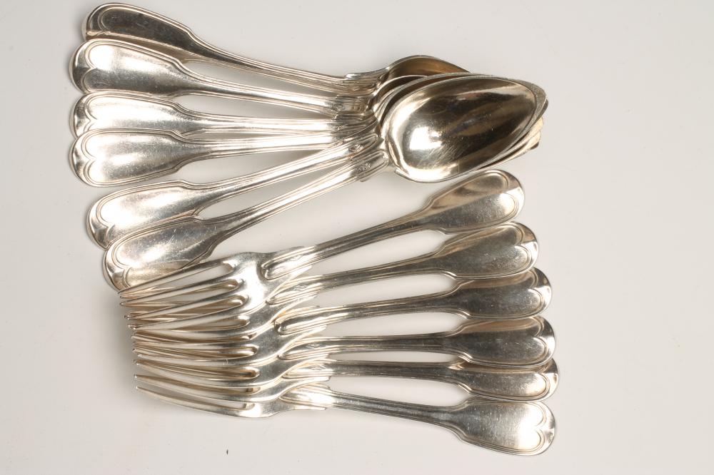 *A SET OF SIX PAIRS OF FRENCH SILVER DESSERT SPOONS AND FORKS Image