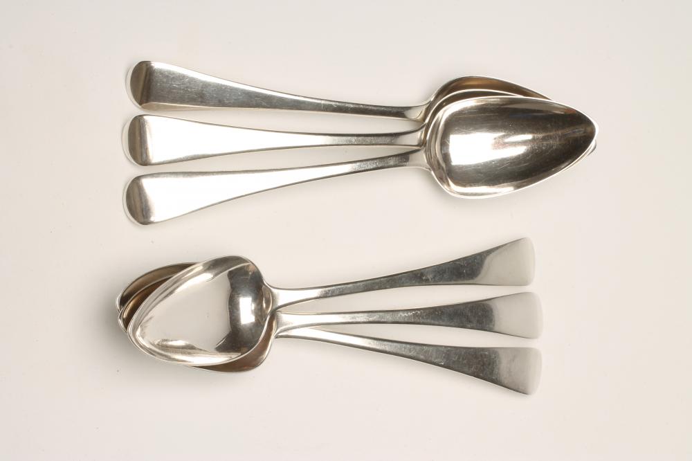 *A SET OF SIX LATE GEORGE III SILVER TABLESPOONS Image