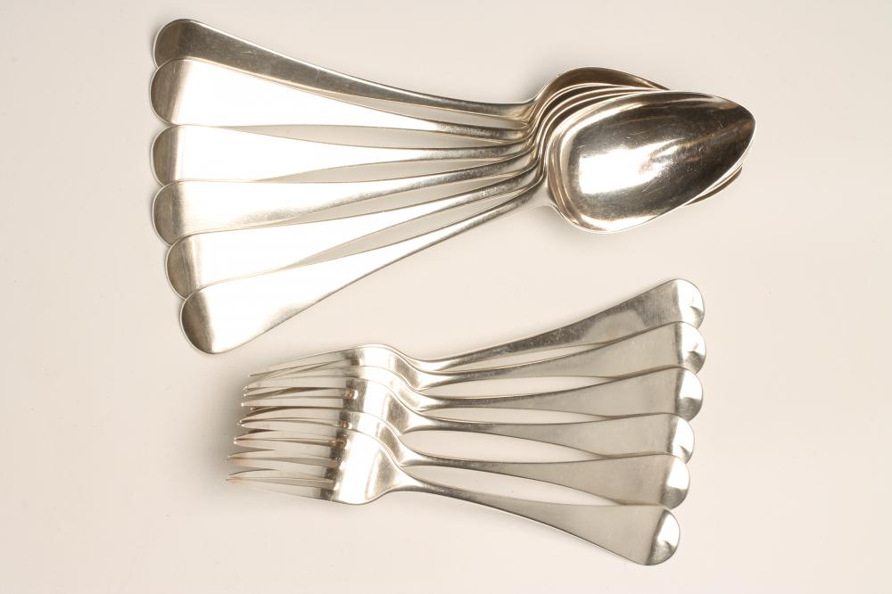 *A SET OF SIX LATE GEORGE III SILVER TABLE FORKS Image