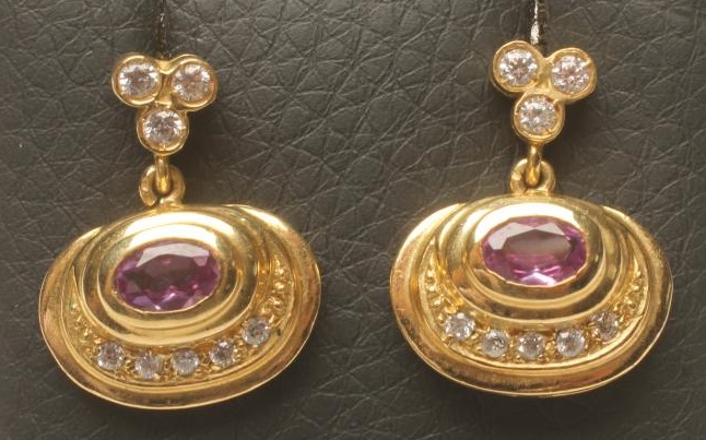 A PAIR OF PINK SAPPHIRE AND DIAMOND PENDANT EAR STUDS Image