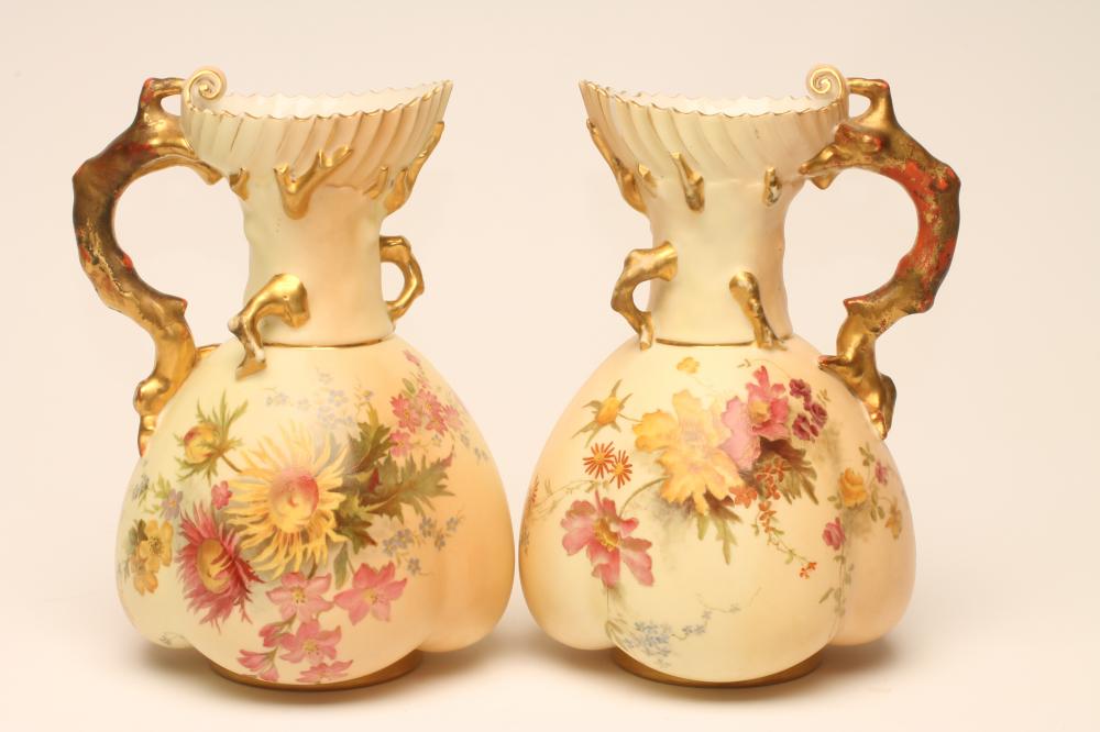 A PAIR OF ROYAL WORCESTER CHINA "CORAL" HANDLED JUGS Image
