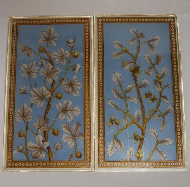 A PAIR OF AESTHETIC STAINED AND PAINTED GLASS PANELS of oblong form Image