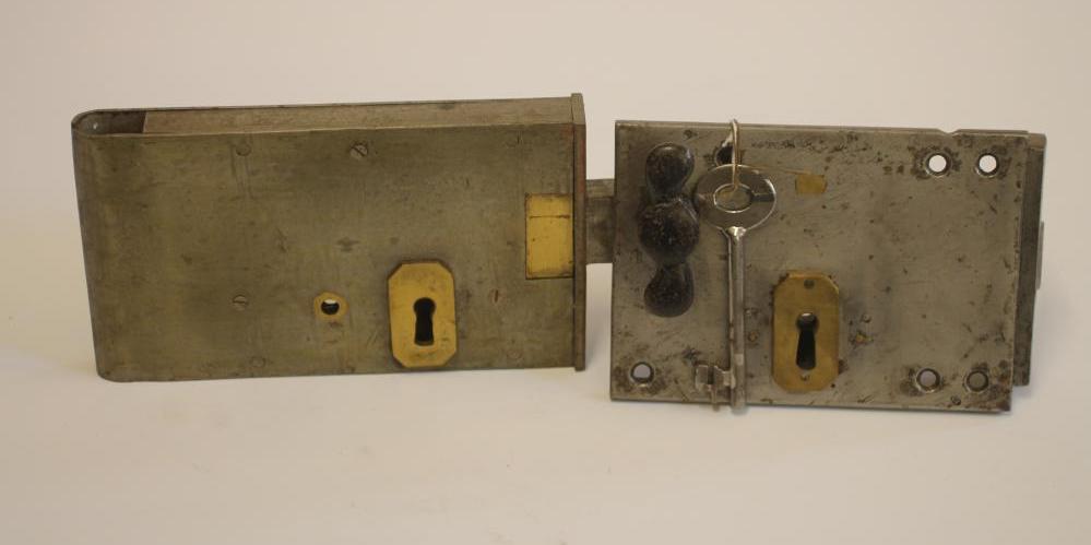 A CHARLES SMITH IRON AND BRASS DOUBLE CELL MAIN DOOR PRISON LOCK Image