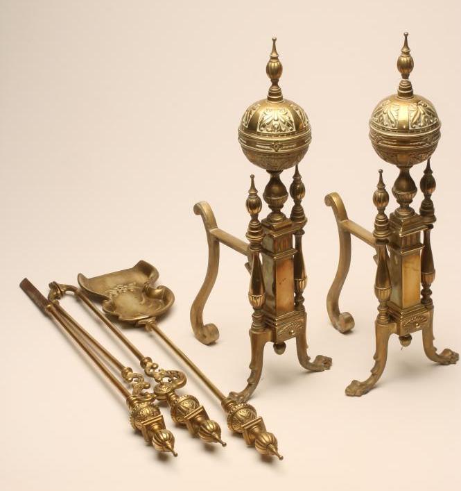 A PAIR OF VICTORIAN BRASS ANDIRONS in Renaissance revival style Image