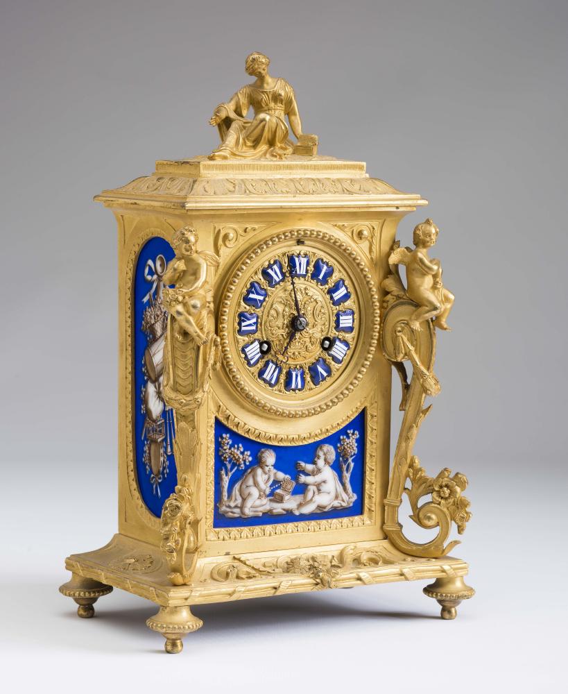 A FRENCH BLUE PORCELAIN AND ORMOLU CASED MANTEL CLOCK Image