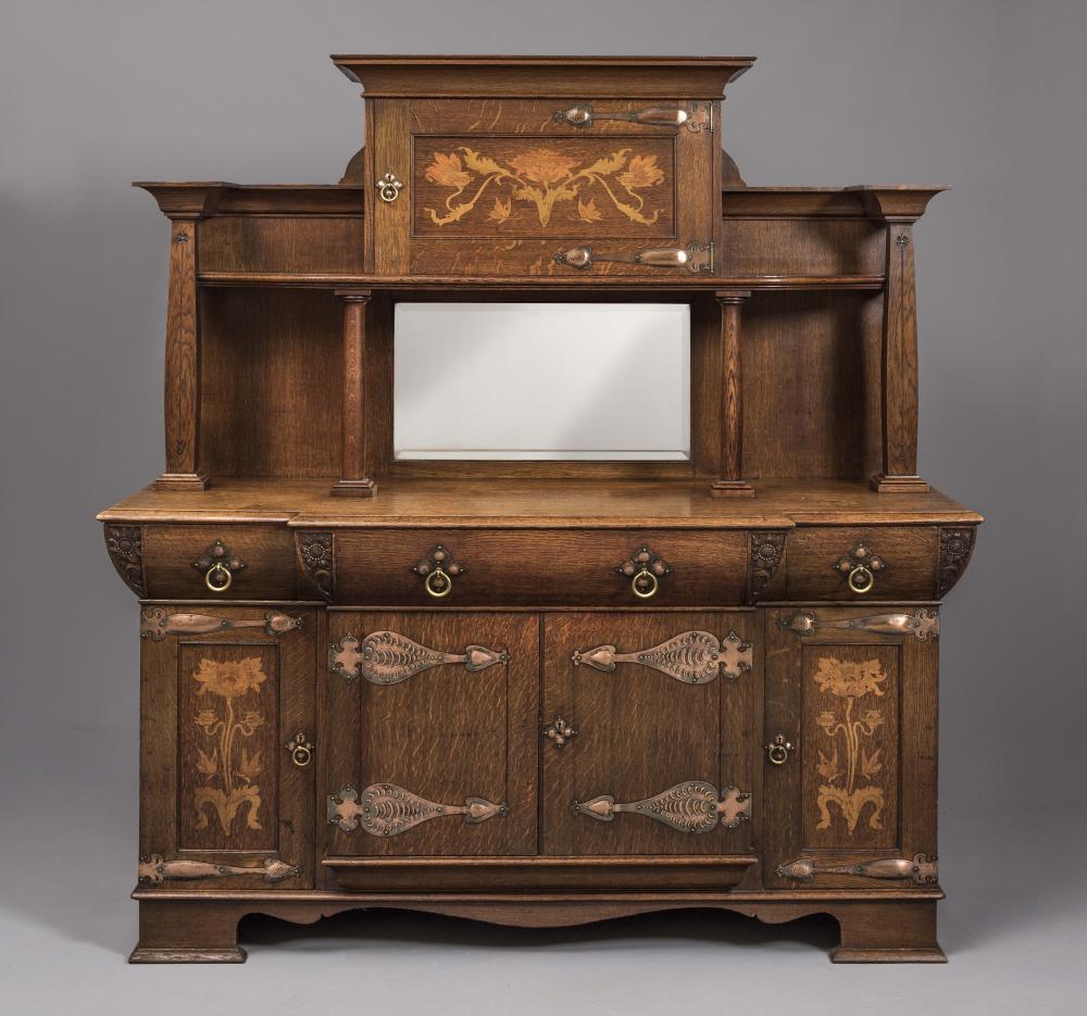 AN ARTS AND CRAFTS OAK AND MARQUETRY SIDEBOARD by Robson & Sons Image