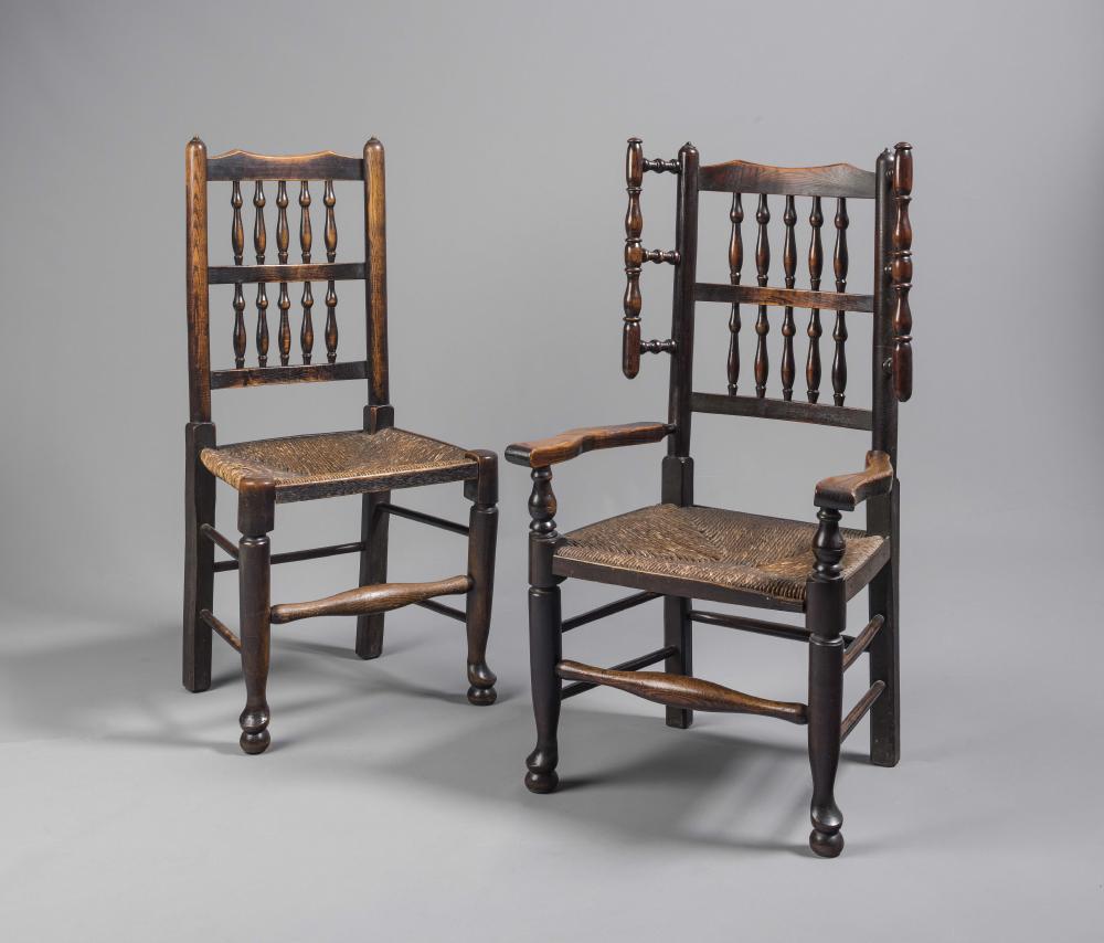 A WELL MATCHED SET OF EIGHT LANCASHIRE ASH DINING CHAIRS with rush seats Image