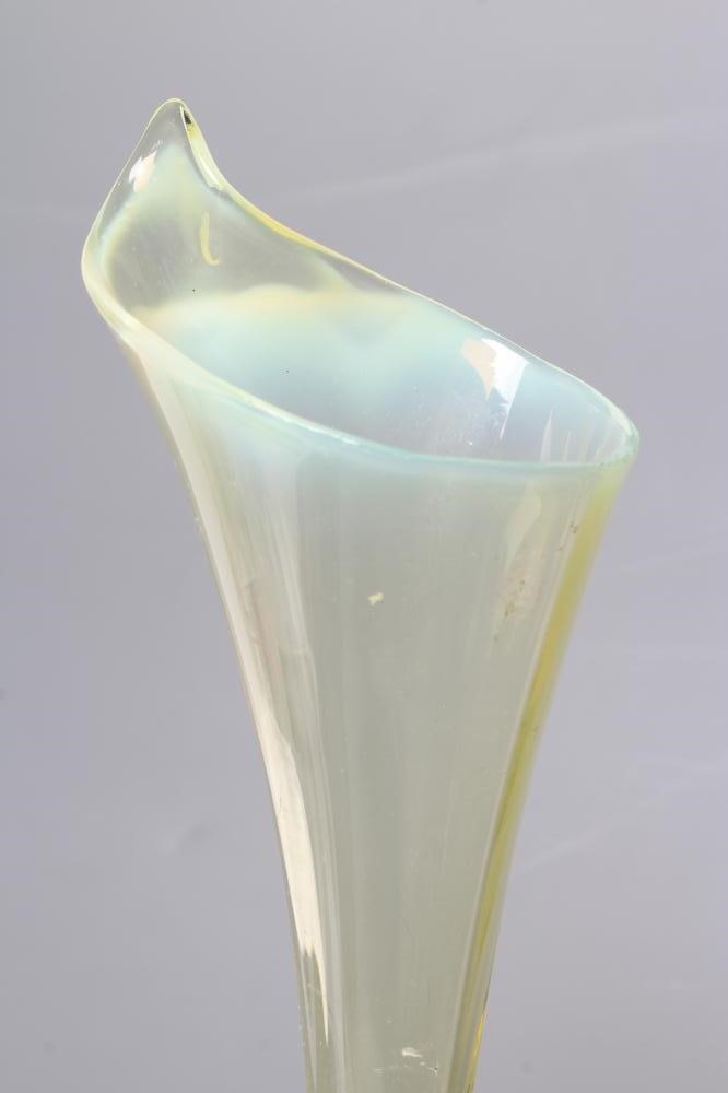 A PAIR OF VICTORIAN YELLOW AND GREEN VASELINE GLASS "JACK IN THE PULPIT" VASES, the twisted stems on Image