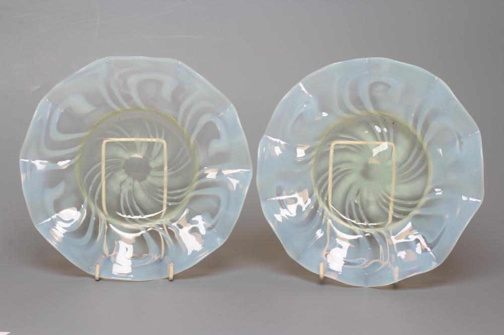 A PAIR OF VICTORIAN PALE YELLOW VASELINE GLASS DISHES of lobed circular form, 8 1/2" diameter (Est. Image