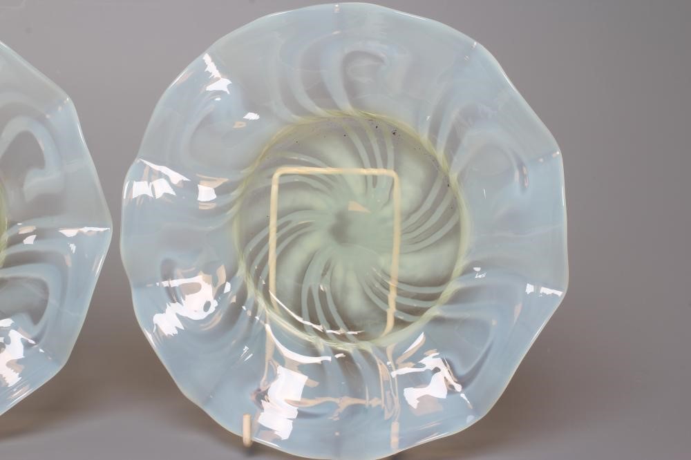 A PAIR OF VICTORIAN PALE YELLOW VASELINE GLASS DISHES of lobed circular form, 8 1/2" diameter (Est. Image