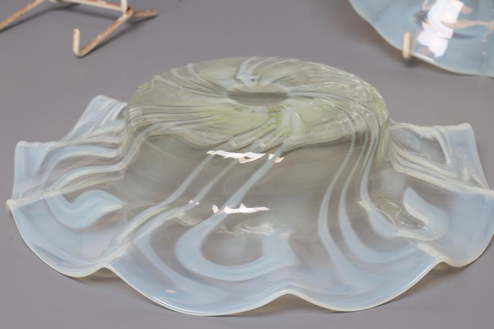 A PAIR OF VICTORIAN PALE YELLOW VASELINE GLASS DISHES of lobed circular form, 8 1/2" diameter (Est. Image