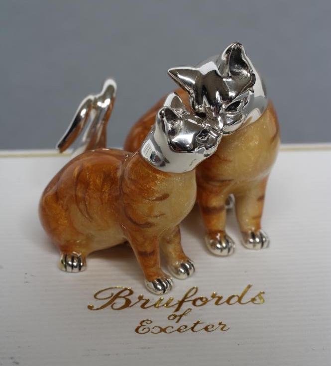 A CAST SILVER AND ENAMEL TABBY CAT AND KITTEN, probably Saturno, later marked JAH, London import Image