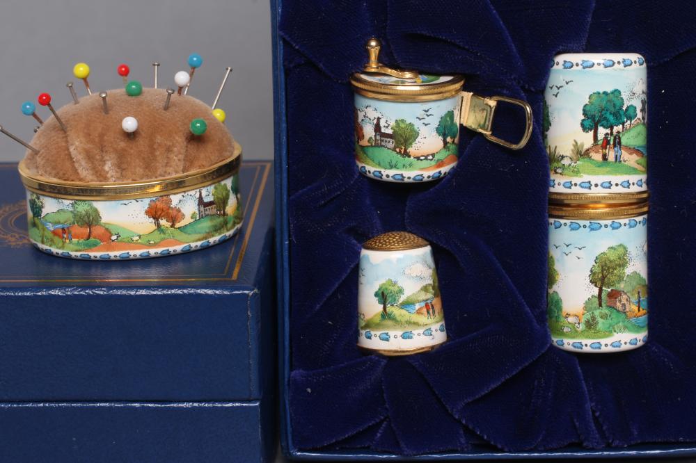 A HALCYON DAYS BILSTON & BATTERSEA ENAMEL SEWING SET Image