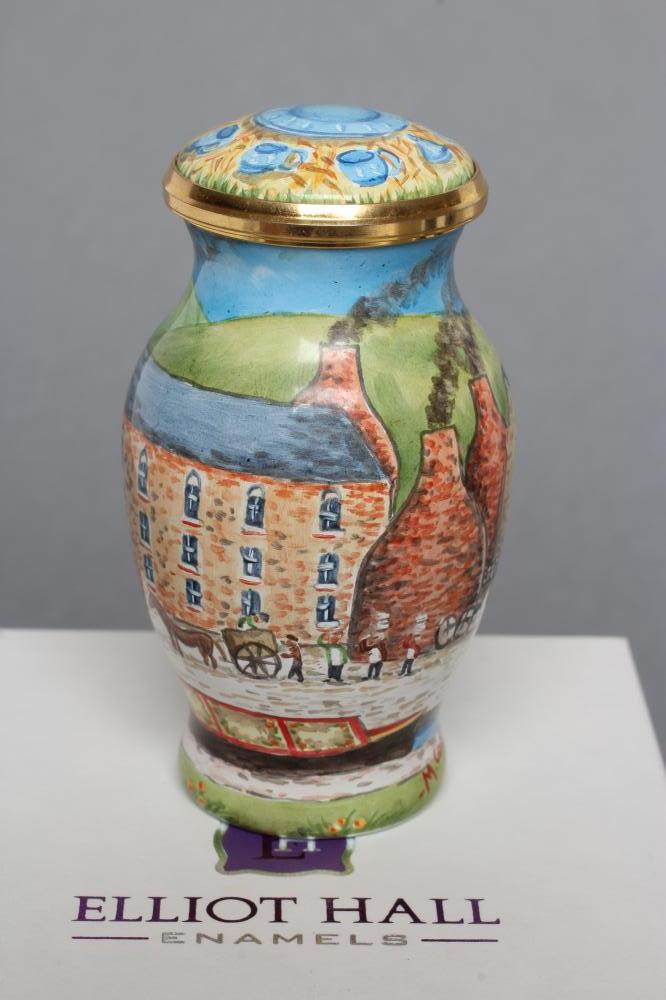 AN ELLIOT HALL ENAMEL VASE AND COVER of baluster form painted by M. Cooper with "Bottle Kiln" Image