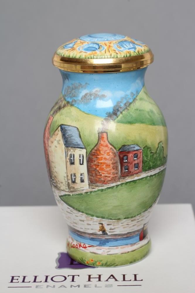 AN ELLIOT HALL ENAMEL VASE AND COVER of baluster form painted by M. Cooper with "Bottle Kiln" Image