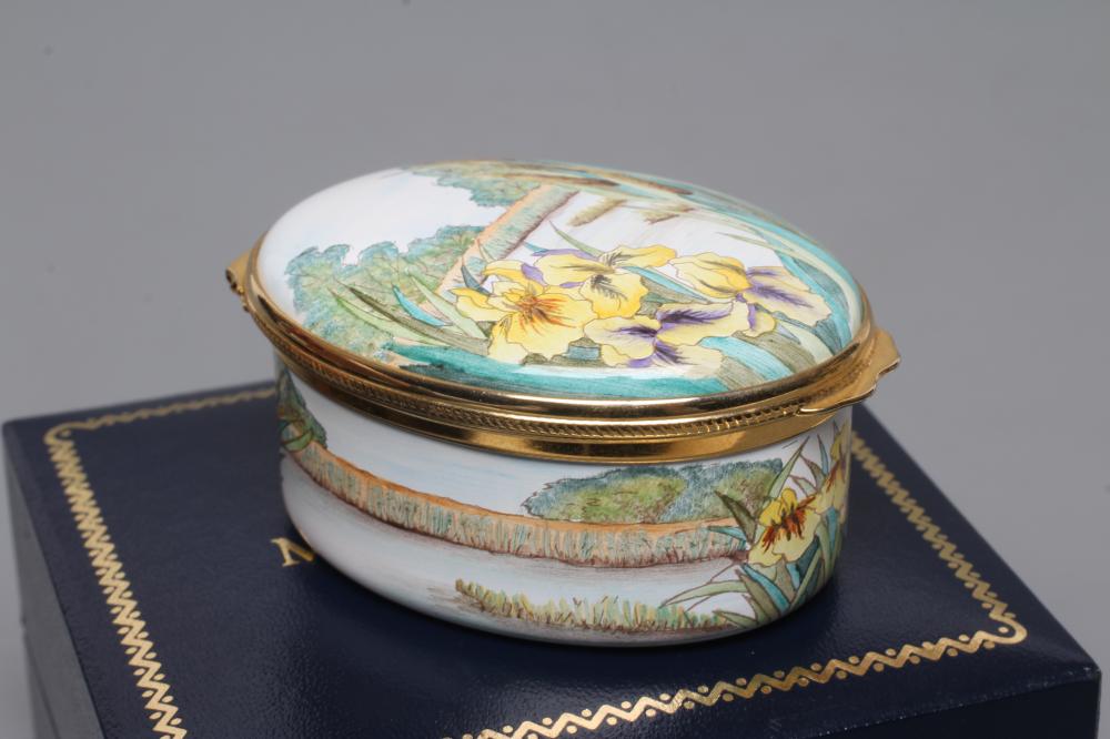 A MOORCROFT ENAMEL OVAL BOX AND COVER, 2018, painted with the Willow Fen pattern, black printed Image