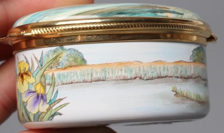 A MOORCROFT ENAMEL OVAL BOX AND COVER, 2018, painted with the Willow Fen pattern, black printed Image