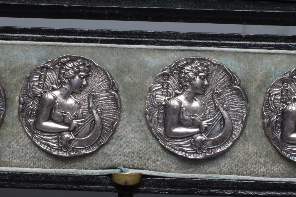 A SET OF SIX LATE VICTORIAN ART NOUVEAU SILVER BUTTONS, maker Saunders & Shepherd, Birmingham 1901, Image
