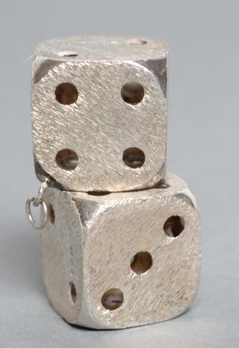 A PAIR OF SILVER HOLLOW DICE, maker's mark indistinct, London 1975, with hanging loops, 3/4" wide Image
