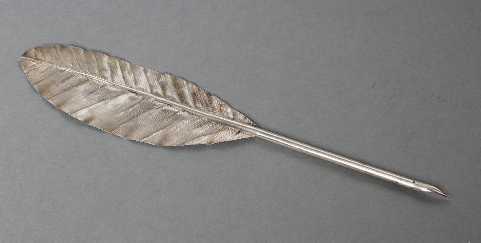 A GEORGE III SILVER DIP PEN, maker John Jago, London 1805, in the form of a feathered quill, 8" Image