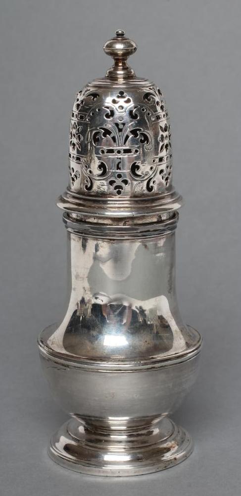 A LATE GEORGE I SILVER CASTOR, maker's mark ?W (Sam/Simon Wood?), London 1728, of plain vase form Image