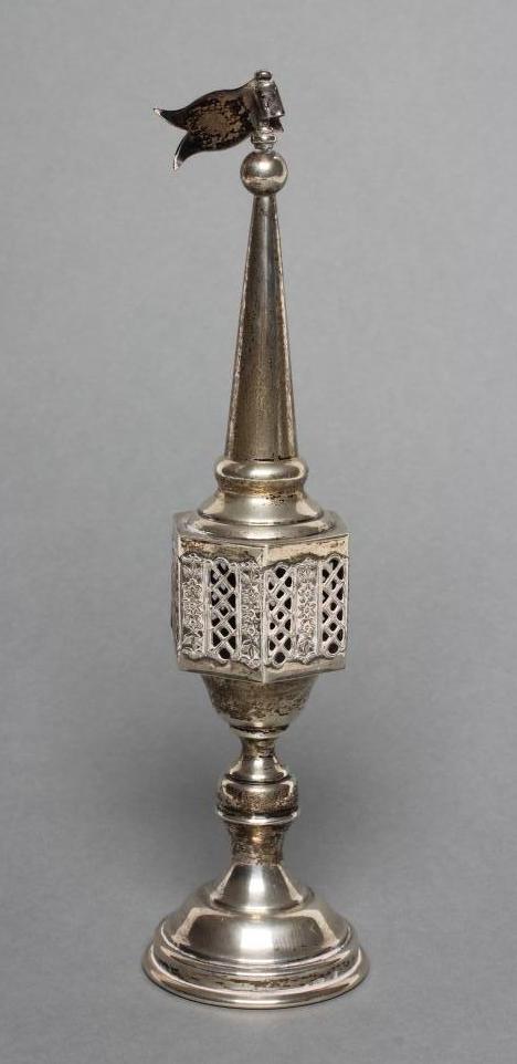 A JEWISH SPICE TOWER, stamped Sterling, ESCO, the cone topped by a flag over a hexagonal pierced box Image