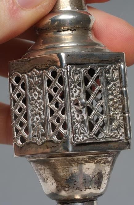 A JEWISH SPICE TOWER, stamped Sterling, ESCO, the cone topped by a flag over a hexagonal pierced box Image