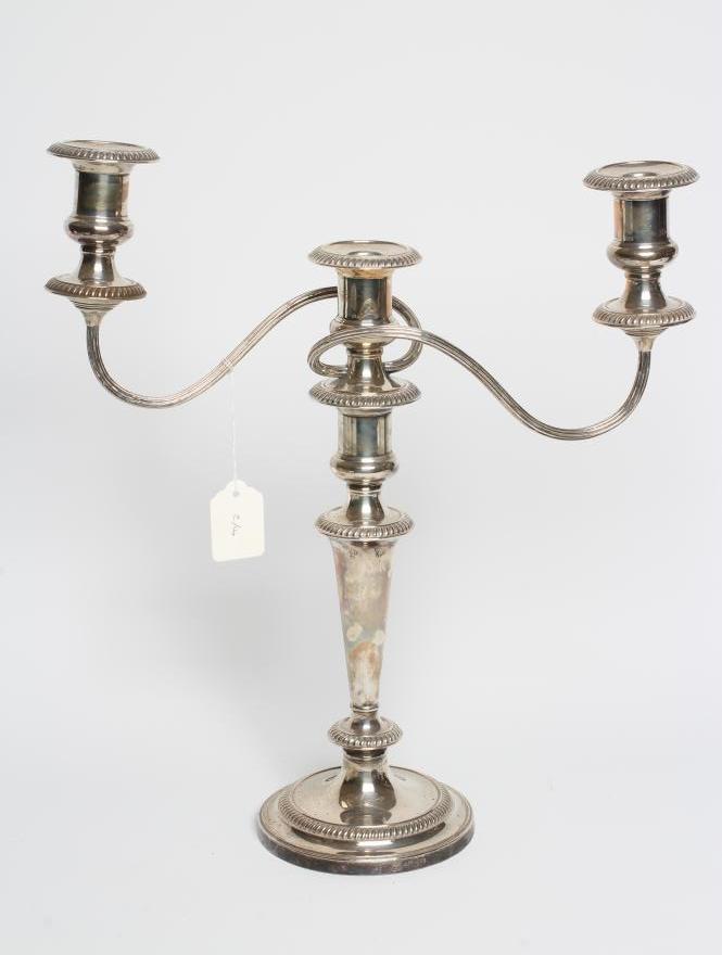 A TWO BRANCH THREE LIGHT SILVER CANDELABRUM Image