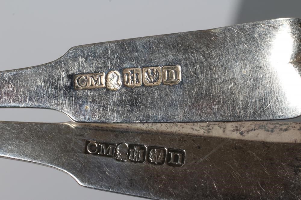 A SET OF SIX LATE GEORGE III SCOTTISH SILVER DESSERT SPOONS, maker's mark CM (Charles Murray?), Image