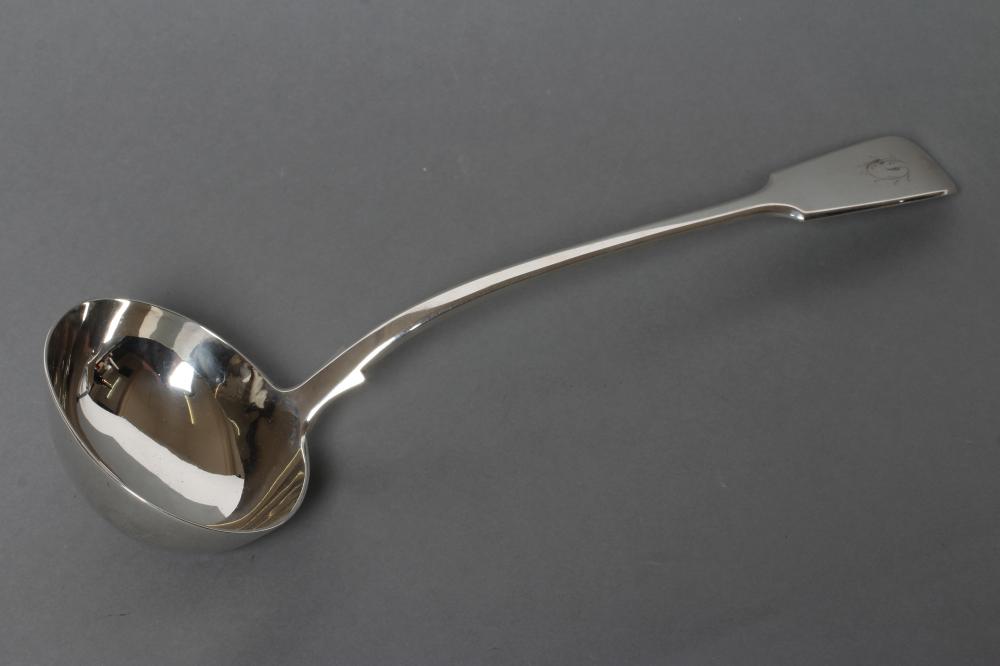 A VICTORIAN SILVER SOUP LADLE, maker's mark GA, London 1858, in Fiddle pattern engraved "O", 13 1/2" Image