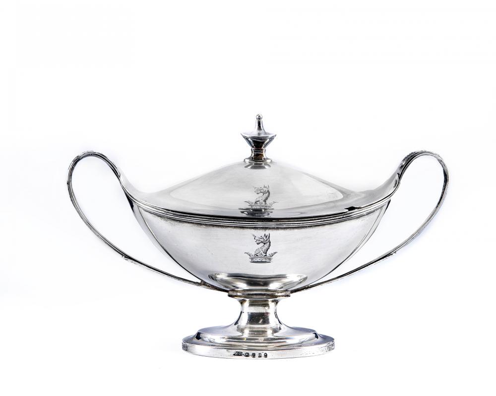 A LATE GEORGE III SILVER SAUCE TUREEN AND COVER Image