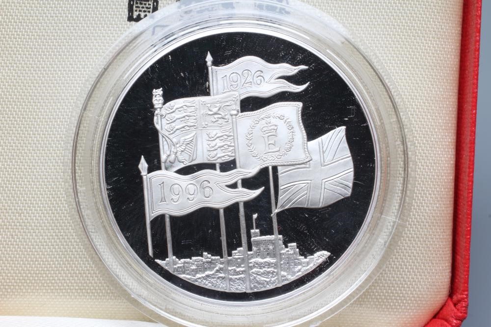 AN ELIZABETH II SILVER PROOF CROWN, 1996, 70th Birthday issue, 28.2g, in capsule and cased with Image