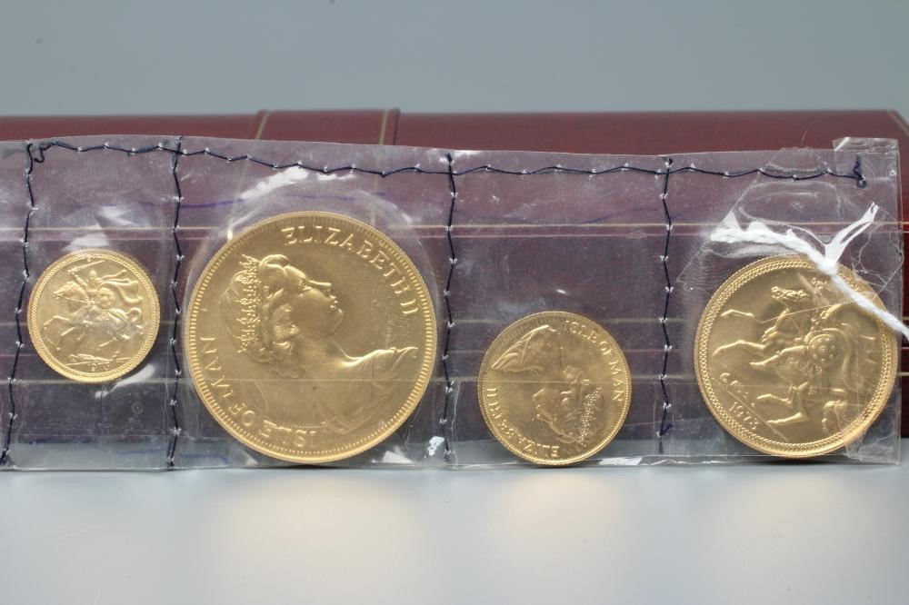 AN ELIZABETH II GOLD FOUR COIN PROOF SET 1973, Isle of Man, comprising £5, £2, sovereign and half Image